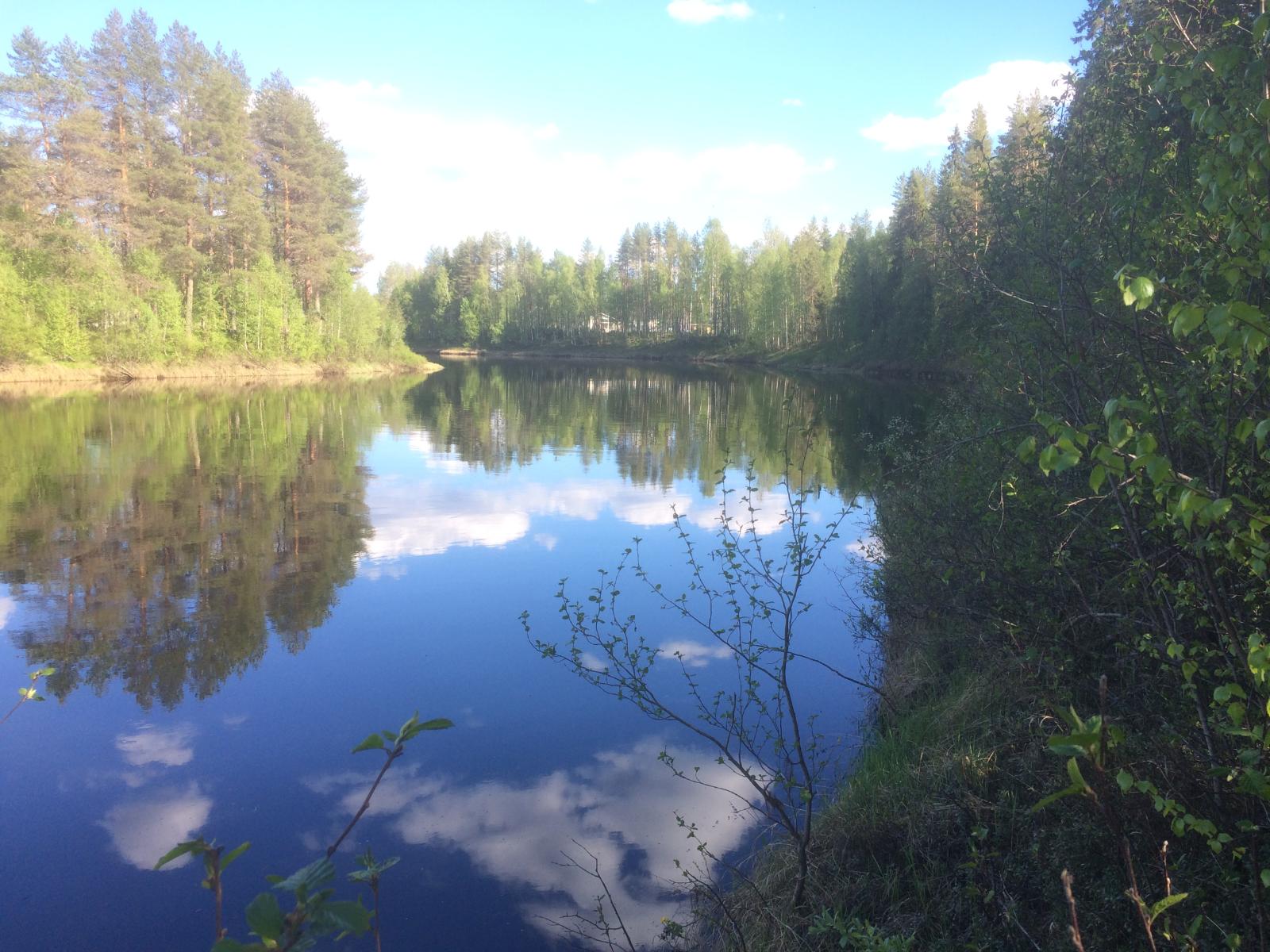 Jokea reunustavat metsät ja lähes pilvetön taivas heijastuvat joen tyyneen pintaan.